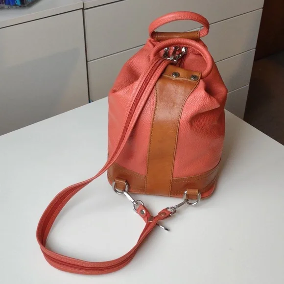 Valentina Orange Pebble Leather Backpack w/ Brown straps Bag Purse Made In Italy s-l400.jpg main image 3
